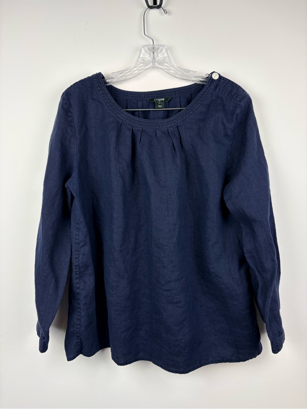 J.Crew 100% Linen Long Sleeve Crew Neck Blouse Button Details Navy Blue Sz L